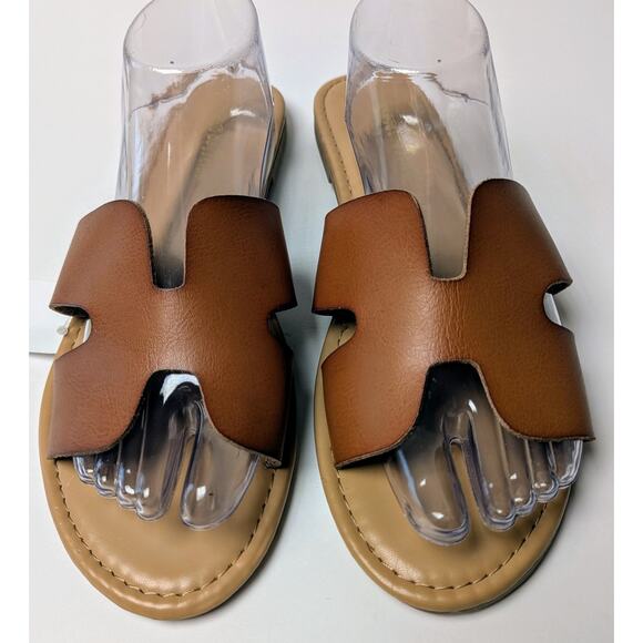 Montego Bay Club Cognac Sandals WOMENS 11 Vegan Leather Slip On Slides Cruise - Picture 2 of 8